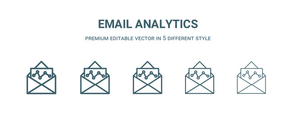 email analytics icon in 5 different style. Thin, light, regular, bold, black email analytics icon isolated on white background. Editable vector