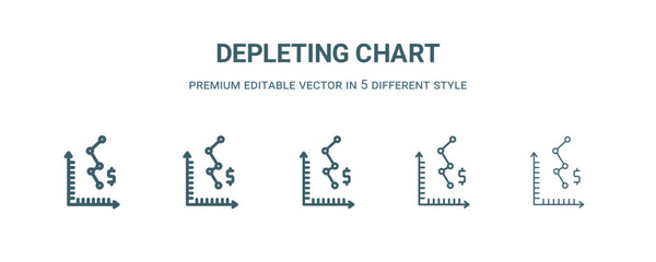 depleting chart icon in 5 different style. Thin, light, regular, bold, black depleting chart icon isolated on white background. Editable vector