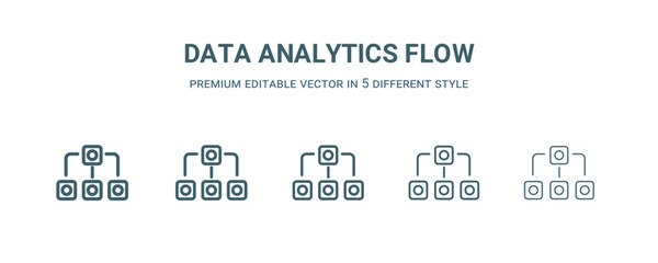data analytics flow icon in 5 different style. Thin, light, regular, bold, black data analytics flow icon isolated on white background. Editable vector