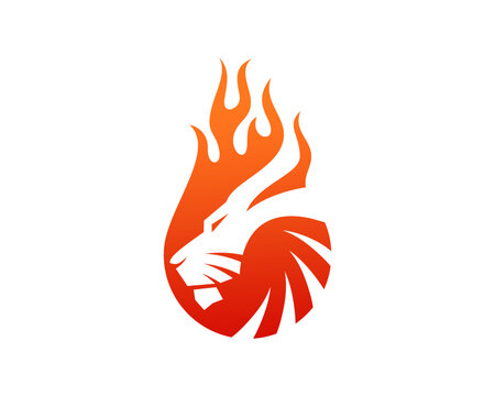 Lion head silhouette inside fire logo