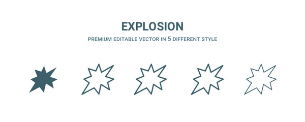 explosion icon in 5 different style. Outline, filled, two color, thin explosion icon isolated on white background. Editable vector can be used web and mobile