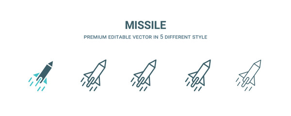 missile icon in 5 different style. Outline, filled, two color, thin missile icon isolated on white background. Editable vector can be used web and mobile