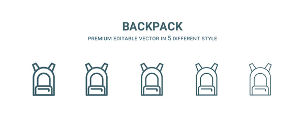 backpack icon in 5 different style. Thin, light, regular, bold, black backpack icon isolated on white background.