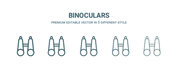 binoculars icon in 5 different style. Thin, light, regular, bold, black binoculars icon isolated on white background.