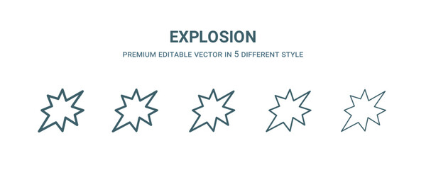 explosion icon in 5 different style. Thin, light, regular, bold, black explosion icon isolated on white background.