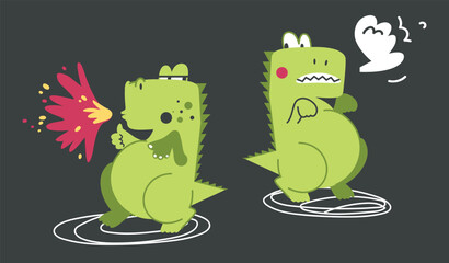 A pair of dragons are dancing. Symbol of the new year 2024. Funny cute character. Vector flat illustration. Smoke escaping from the dragon's nostrils. Fairy animals in cartoon style. Exhaled fire.