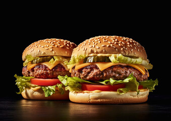 Two juicy cheeseburgers with tomato and lettuce on dark table.Macro.AI Generative