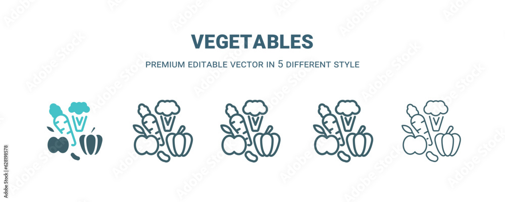 Wall mural vegetables icon in 5 different style. outline, filled, two color, thin vegetables icon isolated on w