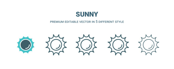 sunny icon in 5 different style. Outline, filled, two color, thin sunny icon isolated on white background. Editable vector can be used web and mobile