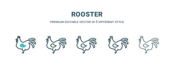 rooster icon in 5 different style. Outline, filled, two color, thin rooster icon isolated on white background. Editable vector can be used web and mobile © Abstract