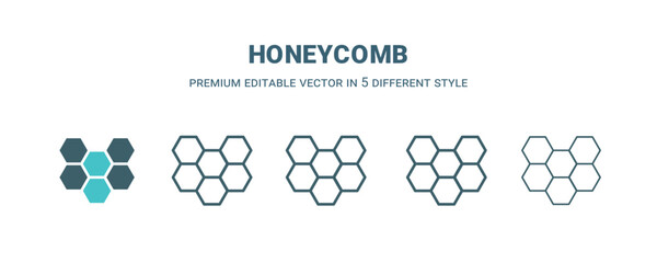 honeycomb icon in 5 different style. Outline, filled, two color, thin honeycomb icon isolated on white background. Editable vector can be used web and mobile