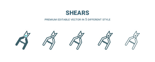 shears icon in 5 different style. Outline, filled, two color, thin shears icon isolated on white background. Editable vector can be used web and mobile