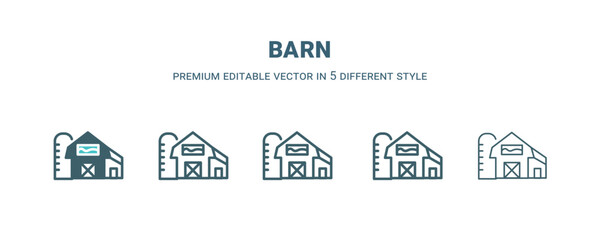 barn icon in 5 different style. Outline, filled, two color, thin barn icon isolated on white background. Editable vector can be used web and mobile