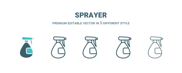 sprayer icon in 5 different style. Outline, filled, two color, thin sprayer icon isolated on white background. Editable vector can be used web and mobile