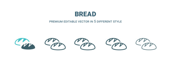 bread icon in 5 different style. Outline, filled, two color, thin bread icon isolated on white background. Editable vector can be used web and mobile