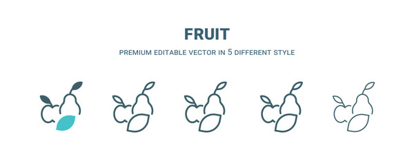 fruit icon in 5 different style. Outline, filled, two color, thin fruit icon isolated on white background. Editable vector can be used web and mobile