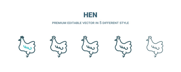 hen icon in 5 different style. Outline, filled, two color, thin hen icon isolated on white background. Editable vector can be used web and mobile