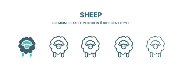 sheep icon in 5 different style. Outline, filled, two color, thin sheep icon isolated on white background. Editable vector can be used web and mobile