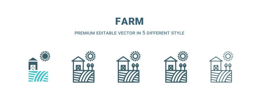 farm icon in 5 different style. Outline, filled, two color, thin farm icon isolated on white background. Editable vector can be used web and mobile