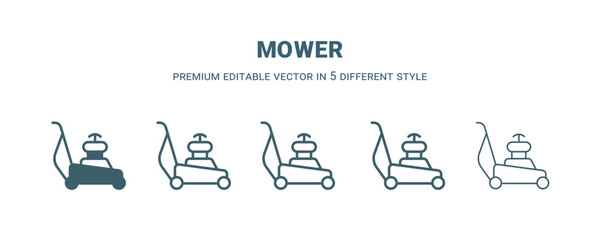 mower icon in 5 different style. Outline, filled, two color, thin mower icon isolated on white background. Editable vector can be used web and mobile