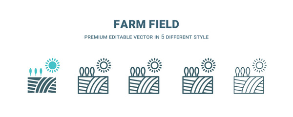 farm field icon in 5 different style. Outline, filled, two color, thin farm field icon isolated on white background. Editable vector can be used web and mobile