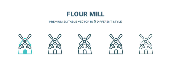 flour mill icon in 5 different style. Outline, filled, two color, thin flour mill icon isolated on white background. Editable vector can be used web and mobile