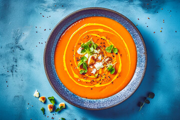 tasty and healthy roasted carrot pumpkin cream soup on a light blue concrete board, created with generative ai