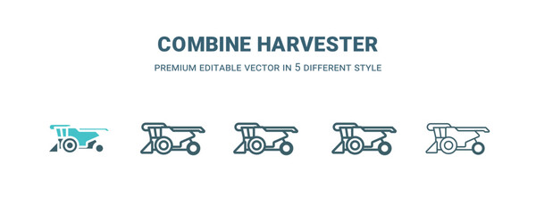 combine harvester icon in 5 different style. Outline, filled, two color, thin combine harvester icon isolated on white background. Editable vector can be used web and mobile