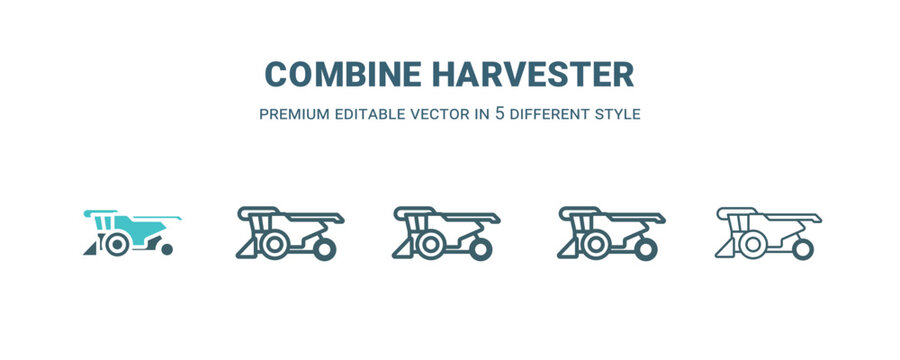 combine harvester icon in 5 different style. Outline, filled, two color, thin combine harvester icon isolated on white background. Editable vector can be used web and mobile
