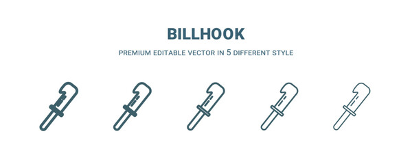 billhook icon in 5 different style. Thin, light, regular, bold, black billhook icon isolated on white background.