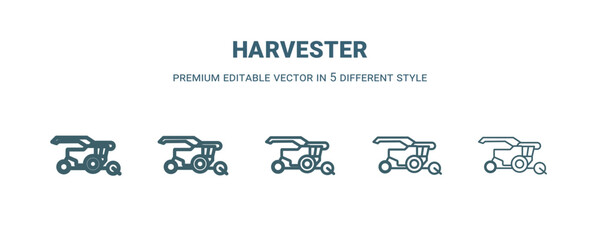 harvester icon in 5 different style. Thin, light, regular, bold, black harvester icon isolated on white background.
