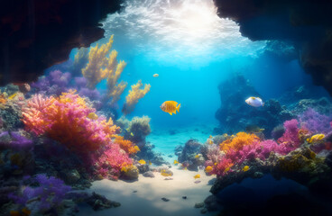 Obraz na płótnie Canvas Colorful underwater reef landscape and sea creatures on the blue ocean floor