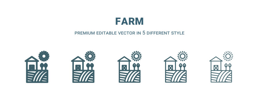 farm icon in 5 different style. Thin, light, regular, bold, black farm icon isolated on white background.