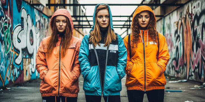 Dynamic symmetry with three stylish twin women in trendy streetwear fashion, offering mirrored poses against an urban graffiti backdrop. Generative AI