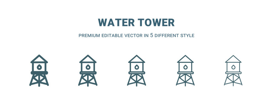 water tower icon in 5 different style. Thin, light, regular, bold, black water tower icon isolated on white background.