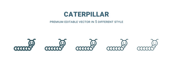 caterpillar icon in 5 different style. Thin, light, regular, bold, black caterpillar icon isolated on white background.