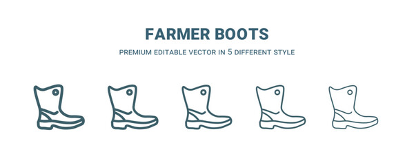 farmer boots icon in 5 different style. Thin, light, regular, bold, black farmer boots icon isolated on white background.