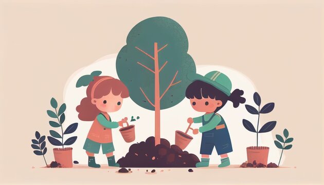 Children planting a tree for health the world and environment Created with Generative AI technology.