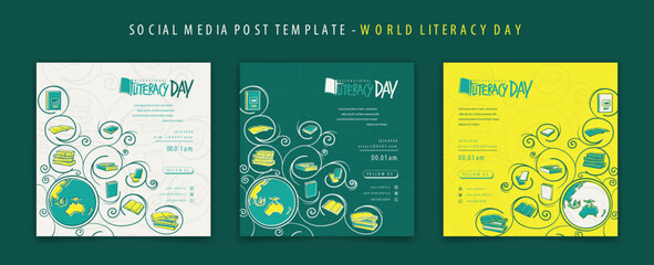 Social media post template with globe and book in ornamental design for international literacy day