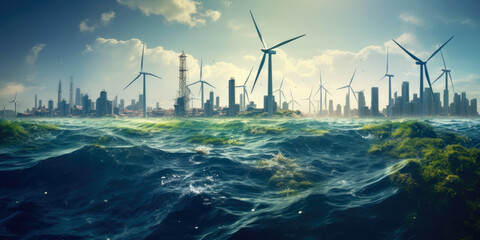 Wind turbines in the sea against the backdrop of a modern city. Earth Day Generative AI