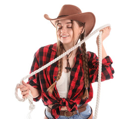 Young cowgirl with lasso on white background