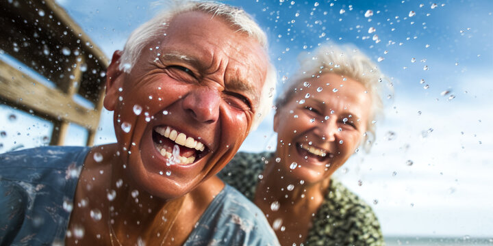 Joyful senior couple splashing in vivid blue pool, focus on water droplets mid-splash, sense of carefree retirement, brightly lit studio setting. Generative AI