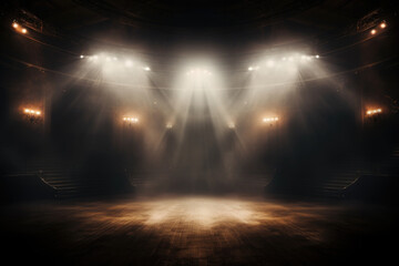 Empty concert stage with illuminated spotlights and smoke. Stage background with copy space - obrazy, fototapety, plakaty