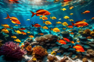 Fototapeta na wymiar Orange Fish Swim In A Blue Aquarium Generative AI
