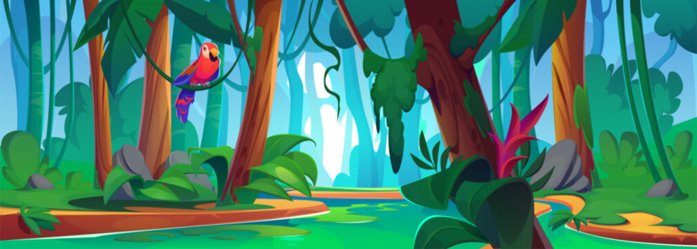 Tropical Forest Landscape With River And Parrot Sitting On Branch. Vector Cartoon Illustration Of Jungle Wood With Exotic Green Plants And Flowers, Liana Vines On Old Trees. Adventure Game Background