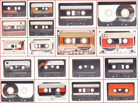 Collage of various vintage audio cassettes tapes