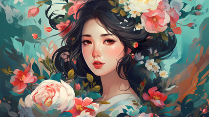 Hand-drawn cartoon beautiful illustration of a girl in ancient Chinese costume among flowers