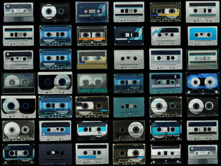 Collage of various vintage audio cassettes tapes