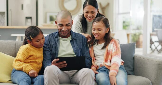 Family, father and mother streaming with children on a tablet watching a show or movie with subscription online. Web, website and parents relax with kids on a sofa or couch watching on an app