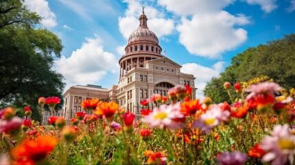 Captivating Texas State Capitol in Austin: American Architecture and Blue Sky Behind a Colorful Flower Garden in the Front Yard: Generative AI - obrazy, fototapety, plakaty